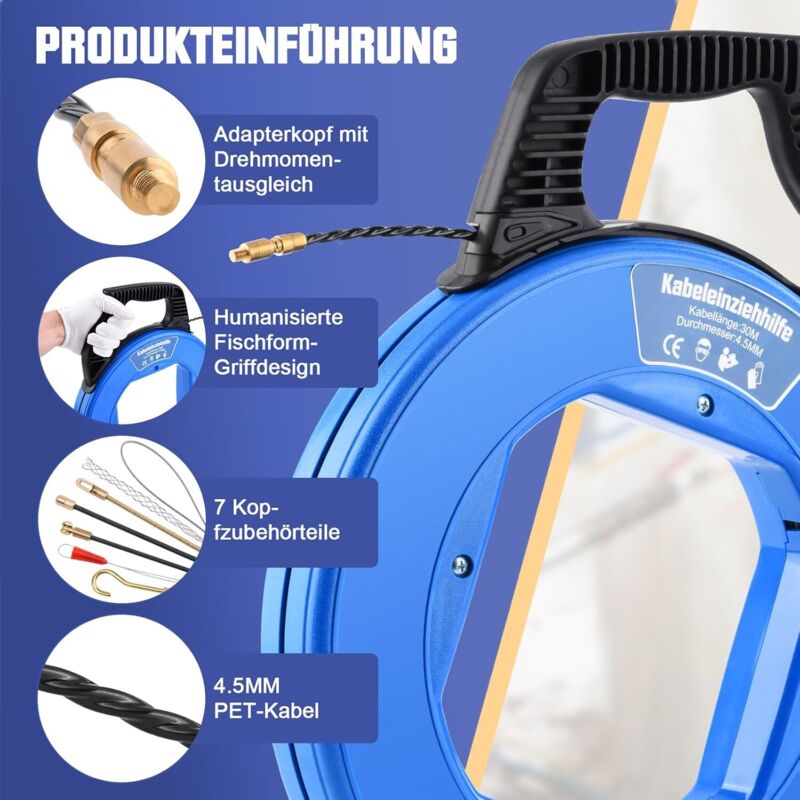 Kabeleinziehhilfe 50m, 4,5mm, Einziehspirale inkl. 7 Adapter, Einziehhilfe  für Leerrohre, Einziehfeder für Leerrohr, Zugdraht, Kabelzieher für Kabel &  Elektroinstallationen