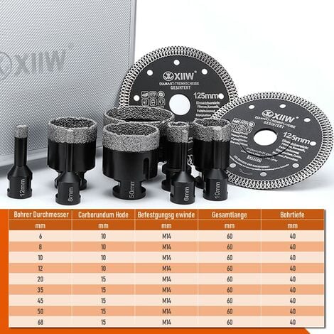 11tlg Fliesenbohrer M14 x 10mm Diamant Bohrkrone 6-68mm + 125mm Trennscheibe Für Winkelschleifer Lochsäge Set Fliesen Granit Feinsteinzeug Keramik Mauerwerk Nass- / Trockenbohrkrone Fliesenbohrkrone