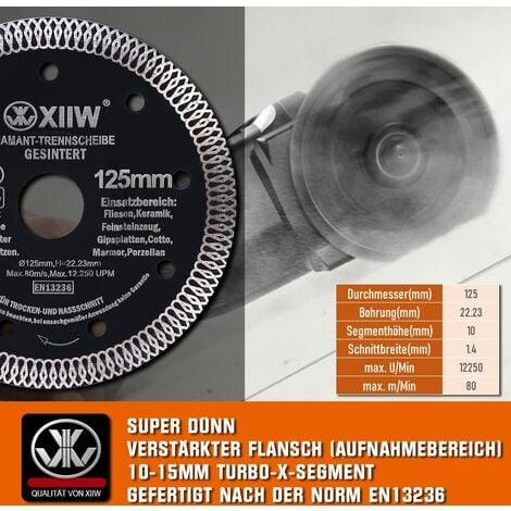 11tlg Fliesenbohrer M14 x 10mm Diamant Bohrkrone 6-68mm + 125mm Trennscheibe Für Winkelschleifer Lochsäge Set Fliesen Granit Feinsteinzeug Keramik Mauerwerk Nass- / Trockenbohrkrone Fliesenbohrkrone
