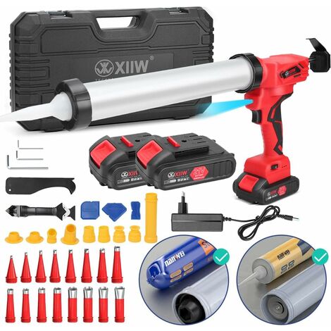 Elektrische Kartuschenpresse Silikonspritze mit 2 Akku (21V 2 Ah), 7840N Kartuschenpistole mit LED, 16X Dichtungsdüse, 6X Ersatzbasis, 0-32 mm/s, 6-Geschwindigkeit, für 600ml Wurst, 310ml Patrone