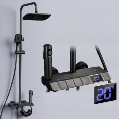 Stangenbrause-Set 4Funktionen mit Armatur Brausegarnitur Schwarz Duschsystem LCD Display, 4 Strahlart(en), 30cm Kopfbrause,11cm Handbrause, 86-120cm, Kuper
