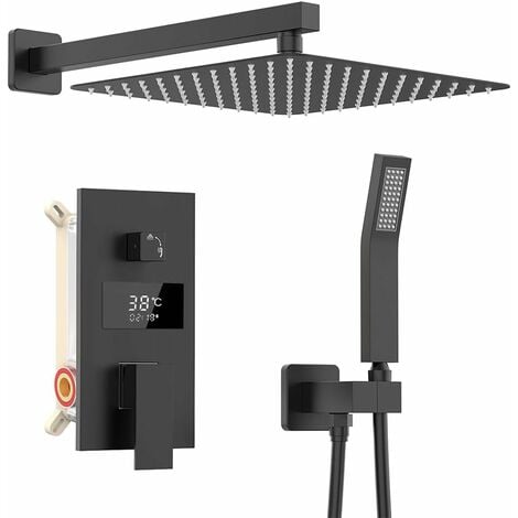 Duschsystem Schwarz Unterputz Duscharmatur Set inkl.30X30cm Kopfbrause, Duschsystem mit Temperatur LCD Display, Regendusche Schwarz, 200mm Handbrause, Messingkörper, 1.5m Brauseschlauch, 37cm Hoche