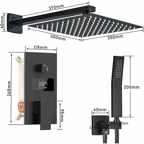 Duschsystem Schwarz Unterputz Duscharmatur Set inkl.30X30cm Kopfbrause, Duschsystem mit Temperatur LCD Display, Regendusche Schwarz, 200mm Handbrause, Messingkörper, 1.5m Brauseschlauch, 37cm Hoche