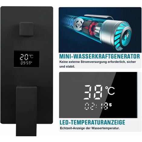 Duschsystem Schwarz Unterputz Duscharmatur Set inkl.30X30cm Kopfbrause, Duschsystem mit Temperatur LCD Display, Regendusche Schwarz, 200mm Handbrause, Messingkörper, 1.5m Brauseschlauch, 37cm Hoche