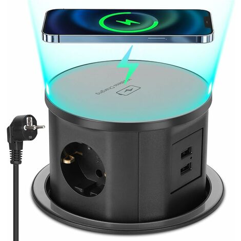 Mehrfachsteckdosen Versenkbare Steckdose 2 USB A, 3 Fach Tischsteckdose Steckdosenleiste mit 15W Kabellosem Ladegerät, Einbausteckdose für Arbeitsplatte Küche Zuhause Büro 3680W/16A, 1.8Kabel, D 120MM