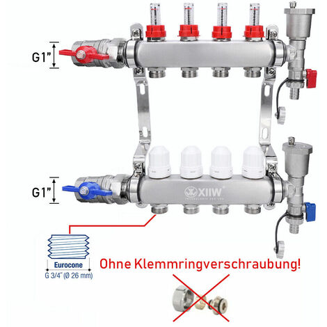Heizkreisverteiler 4 Heizkreise Fußbodenheizung HKV mit Kugelhähne Flussmesser