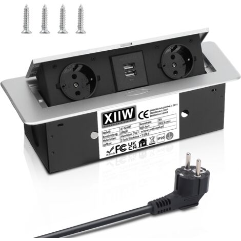 Aluminium Versenkbare Steckdosenleiste, inkl. 2 Fach und 2 USBA, Versenkbar Steckdosenleiste Mehrfachsteckdose, Tischplatte Versenkte Steckdose mit 2 USB, 1,8M Kabel,Silber
