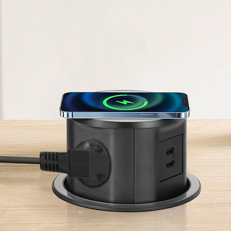 Versenkbar Tischsteckdosenleiste Tischsteckdose 3-fach Steckdose kabelloses Ladegerät (2 USB 3.1A, 15W,1.8m Kabel, 3680W), Einbausteckdose für Arbeitsplatte Mehrfachsteckdose, D 120mm