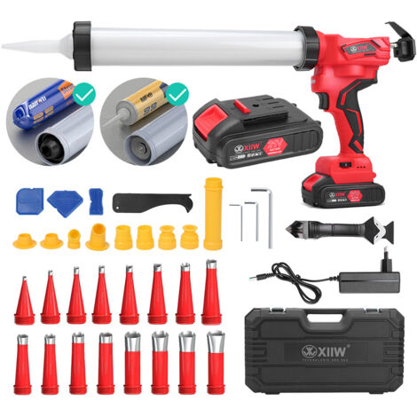 38Tlg Elektrisch Kartuschenpistole inkl. 2X Li-lon akkus (2000mAh), 7840N, 500W, mit 16X 6-30mm Edelstahl Nietdüsen, AKKU Silikonpistole Kartuschenpresse Montagekleber mit LED, 6-stufig einstellbar