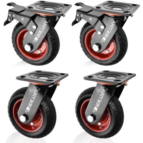 4 Stück Schwerlastrollen 200mm Lenkrollen mit Bremse, 360° Drehbar Transportrollen mit Schwerlast Deckplatte Vollgummi Rollen aus Antirutsch Polychlorid Tragkraft 1000kg(2 Lenkrollen 2 Bremsrollen)