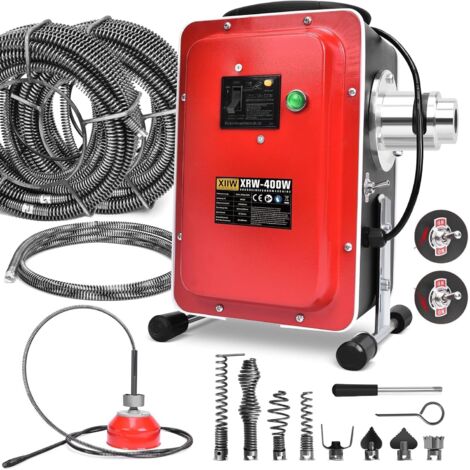16mm 26,5M Elektrische Rohrreinigungsmaschine 400W 450U/min mit FI-Schalter für Ø30-100mm Rohrleitungen, Rohrreinigungsgerät Rohrreiniger Abflussreiniger, Rohrreinigungsspirale Ø10mm 5M Spiralen