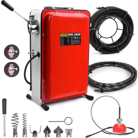 390W Elektrische Rohrreinigungsmaschine für Ø20-100mm Rohrleitungen, Rohrreinigungsgerät Spirale 16 mm x 14,5 m, 8 mm x 10M, Kompakter Abflussreiniger mit 6 Köpfe, 450 U/min, Rohre Mechanisch Reinigen