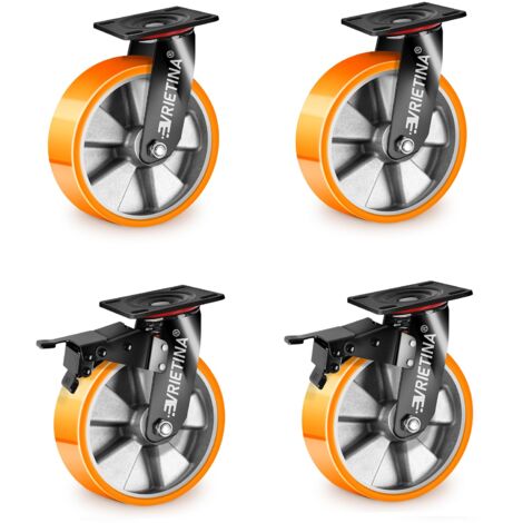 4 Stück 125mm Schwerlastrollen mit Bremse inkl. 2 Lenkrollen mit Feststeller, 2 Lenkrollen, 360° Drehbar Industrierollen Schwerlast für Forschungslabore, Industrielle Anlagen, Traglast 1200 kg