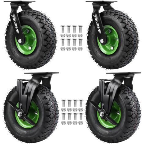 4 Stück 360° Lenkrollen mit Bremse Set Ø 250 x 90 mm Rad, Ruhig Luftrad auf Stahlfelge Schwartz mit Stoßdämpfung, Bollerwagen & Transportwagen Kit (2 Lenkrollen 2 Bremsrollen)