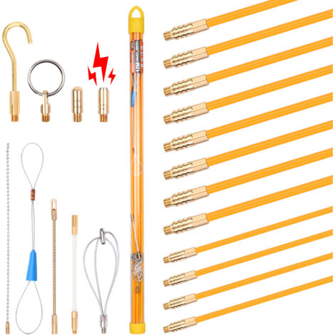 12M Einziehband Kabel Kabeleinziehhilfe, 4 Stangen x 100 cm x 4mm Kabelstangen und 8 Stangen x 100 cm x 6mm Kabelstäbe Fischband mit 9 Adaptern für Leerrohre zur Kabelverlegung