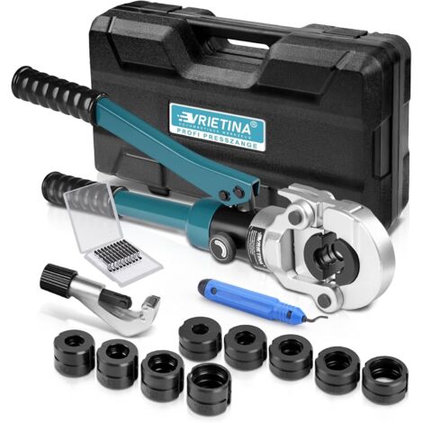 Profi Presszange Kupferrohr V-Kontur und TH-Kontur mit Rohrabschneider und Entgrater, Handpresszange Kupferrohr Presszange Verbundrohr mit V12 V15 V18 V22 V28 Und TH16 TH20 TH26 TH32, Blau