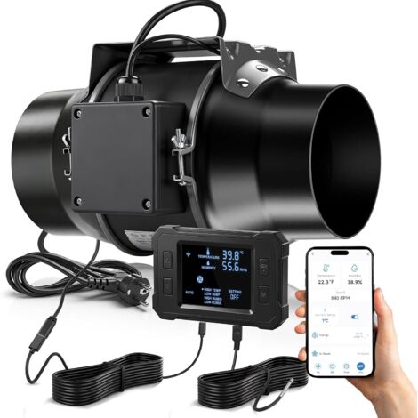 150mm Rohrventilator WiFi APP mit Inverter-EC-Motor, 683 m³/h Inliner Abluftventilator mit Intelligenter Temperatur- und Feuchtigkeitsregler, 3m Kabel Inline Rohrlüfter für Growzelte Gewächshäuser