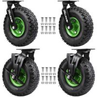 4 Stück 360° Lenkrollen mit Bremse Set Ø 250 x 90 mm Rad, Ruhig Luftrad auf Stahlfelge Schwartz mit Stoßdämpfung, Bollerwagen & Transportwagen Kit (2 Lenkrollen 2 Bremsrollen)