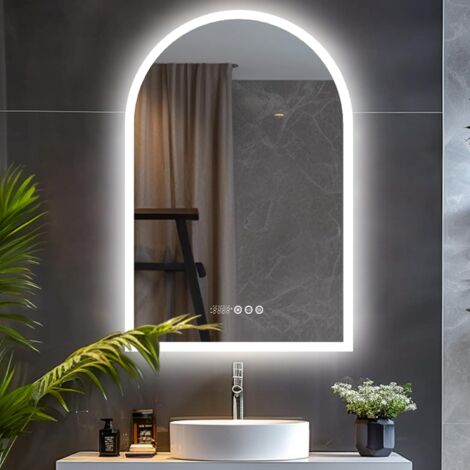 LUVODI Specchio Bagno con Led Luce Retroilluminato Arco Specchio Smart Digitale Bagno con Orologio 90x60cm