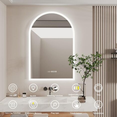 LUVODI Specchio Bagno con Led Luce Retroilluminato Arco Specchio Smart Digitale Bagno con Orologio 90x60cm