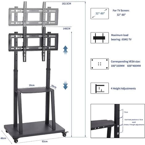 Yaheetech Supporto Carrello TV da 32 a 65 Pollici da Pavimento con Ruote  Mobile Porta TV Schermo Industriale VESA da 100 x 100 mm a 600 x 400 mm 3  Ripiani Altezza Regolabile Gestione di Cavi Nero