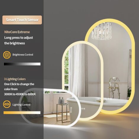 Specchio LED Ovale Per Bagno Con Cornice In Alluminio – Retroilluminato, Antiappannamento, Touch 3 Luci (40x80 Cm, Oro)