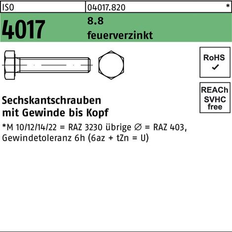 ISO 4017 Sechskantschraube VG M16x280 Stahl 8.8 feuerverzinkt
