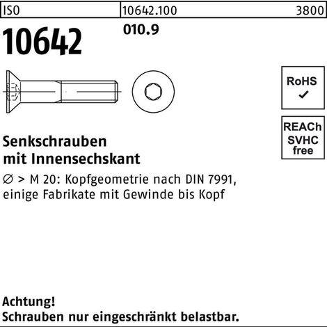 Senkschraube ISO 10642 Innensechskant M 3 x 16010.9 500 Stück