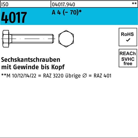 ISO 4017 Sechskantschraube VG M22x50 Edelstahl A4 blank