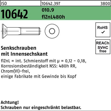 Senkschraube ISO 10642 Innensechskant M 10 x 25010.9 flZnL 480h zinklamellenbesch. 200 Stück