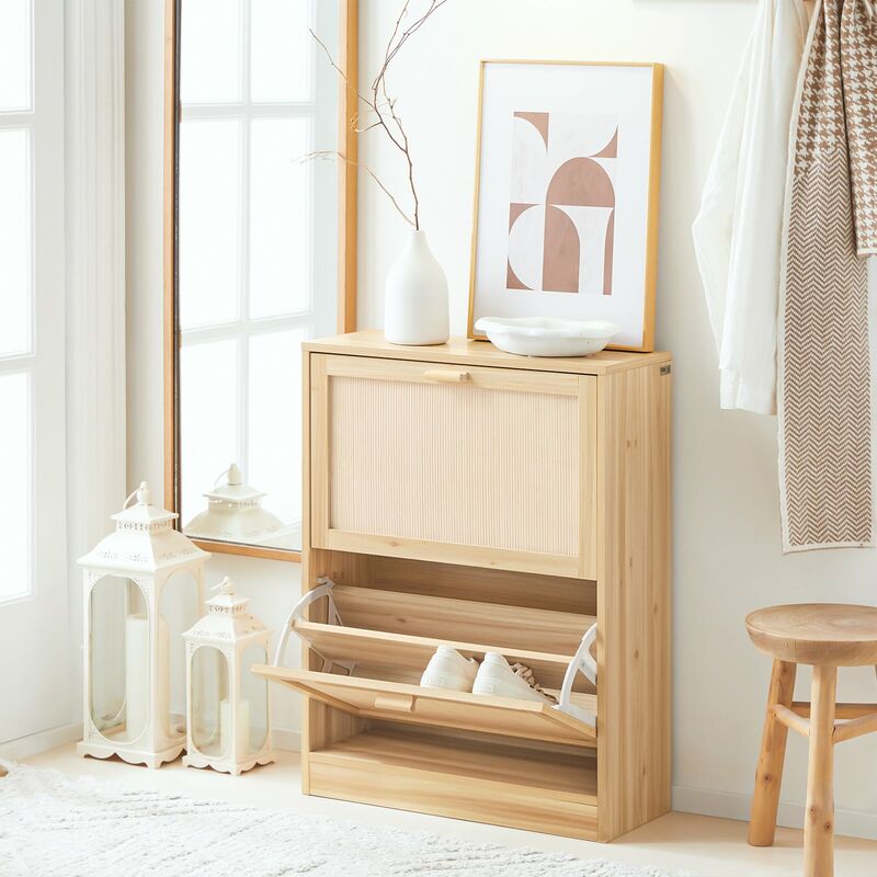 Scarpiera Stretta Con 2 Cassetti Ribaltabili E Ripiano Aperto | Mobile Salvaspazio Per Ingresso E Corridoio | Design Moderno Con Maniglie Oro E Gambe In Legno | Dimensioni 80x24x110 Cm - 2