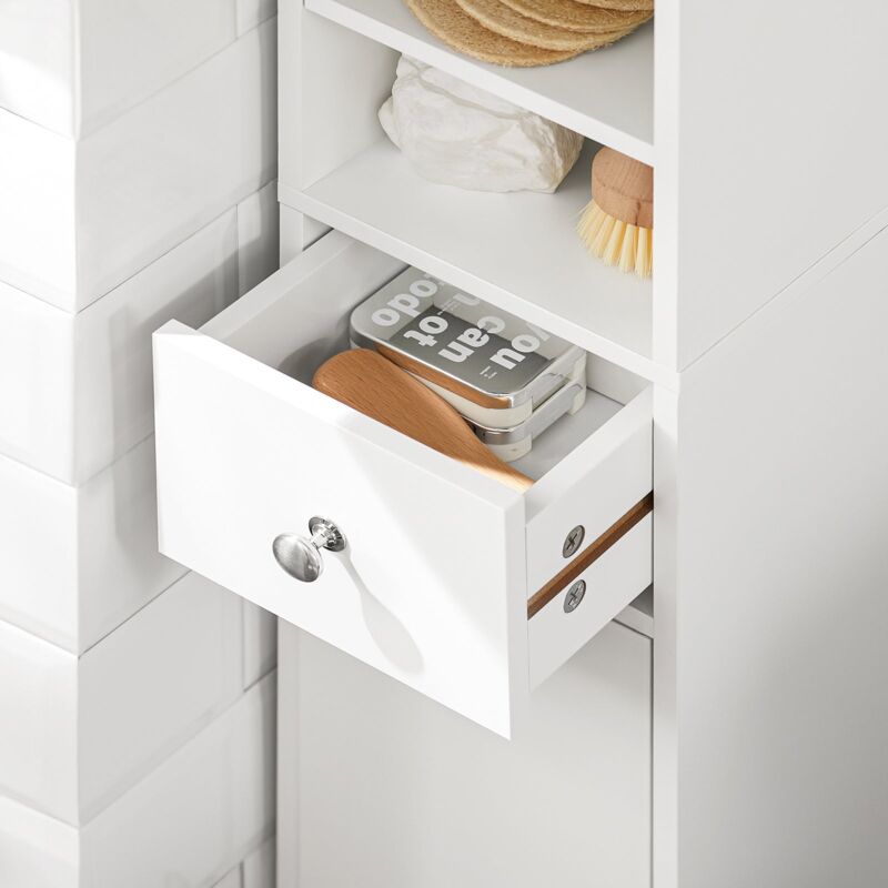 SoBuy Mobile Bagno Salvaspazio Colonna Armadietto Alto Con 6 Ripiani Regolabili, Mobiletto Da Bagno Con Ante In Bambù, Mobiletto Stretto Per Piccoli Spazi, Bianco, 20x20x180cm, BZR34-BW
