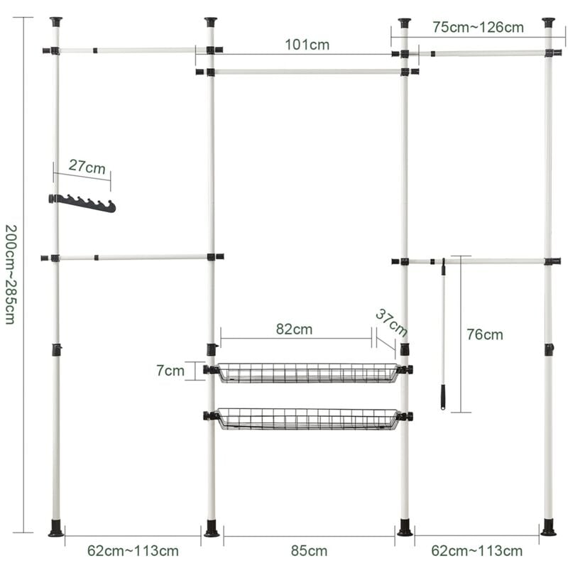 SoBuy Cabina Armadio Guardaroba componibile, Altezza e Lunghezza Regolabile  Altezza :200-270 cm Bianco KLS04-W