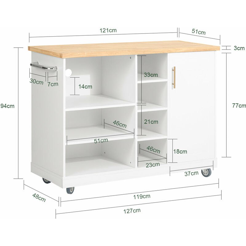 SoBuy Carrello da cucina Isola cucina Carrello Credenza con ruote Mobile  microonde bianco-naturale 127x48x94 cm, FKW105-WN