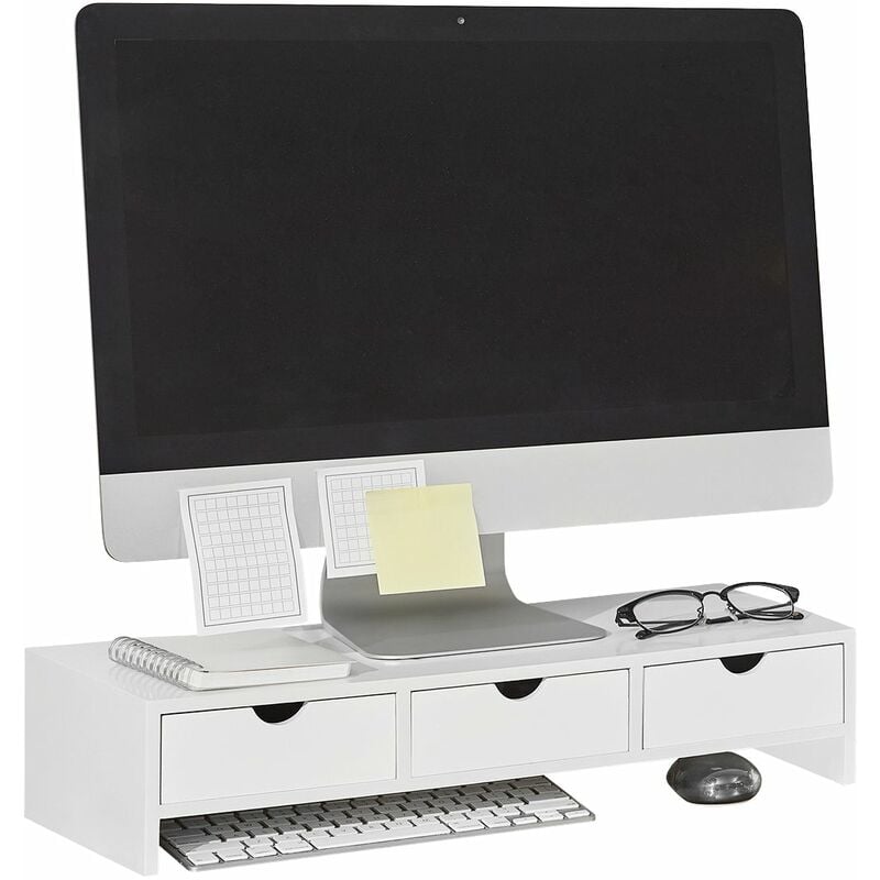 SoBuy Supporto monitor pc da scrivania con 3 Organizzatore cassetti Supporto  per Monitor di bambùL51P25A11,5 cm Bianco BBF03-W