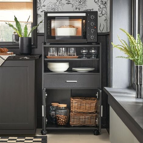 SoBuy Scaffale per Forno a microonde, Carrello da cucina,credenza con route, Nero FSB09-SCH