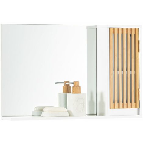 Armadietto Pensile Per Bagno Con Specchio Mobiletto Bagno Pensile Bagno Bianco-Naturale 60x12x40cm BZR128-W SoBuy