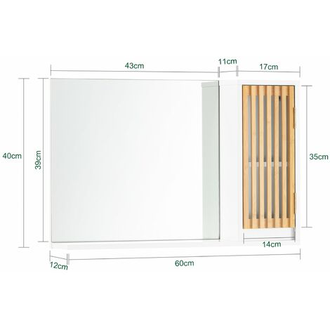 Armadietto Pensile Per Bagno Con Specchio Mobiletto Bagno Pensile Bagno Bianco-Naturale 60x12x40cm BZR128-W SoBuy