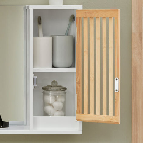 Armadietto Pensile Per Bagno Con Specchio Mobiletto Bagno Pensile Bagno Bianco-Naturale 60x12x40cm BZR128-W SoBuy