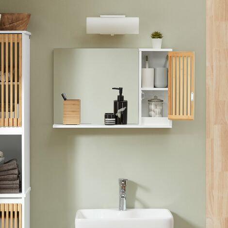 Armadietto Pensile Per Bagno Con Specchio Mobiletto Bagno Pensile Bagno Bianco-Naturale 60x12x40cm BZR128-W SoBuy
