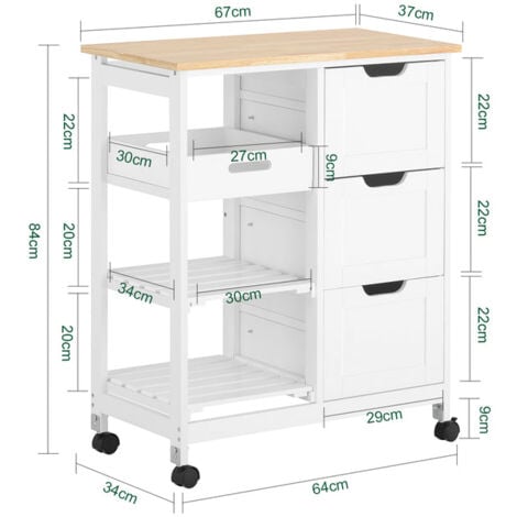 SoBuy Carrello Cucina Credenza da Cucina o Bagno con 3 cassetti e 1 Cestino L68P38A85 cm colore bianco FKW79-W