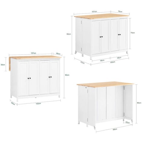 SoBuy Isola cucina con piano di lavoro espandibile Credenza Penisola cucina con ruote Bianco 107x76x92cm KNL10-WN