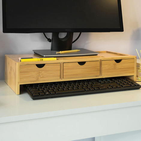 SoBuy Supporto monitor pc da scrivania con 3 Organizzatore cassetti  L51P25A12 cm, legno massiccio di bambÃ¹ BBF03-N