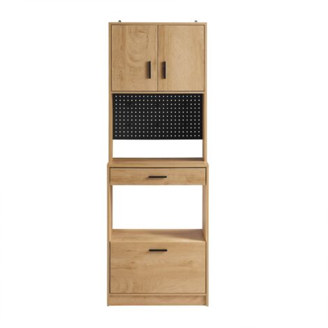 SoBuy Credenza alta da cucina con pegboard Ripiano per microonde e ampio spazio contenitivo Mobile multiuso vintage Naturale 60x40x170 cm FSB98-N