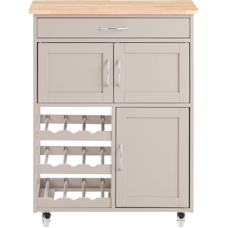 SoBuy Carrello Cucina Legno Credenza Grigio con 1 cassetto, 2 armadietti e 2 portabottiglie, Piano in Legno di Hevea, colore di cachi L67xP38xA87cm FKW45-KA