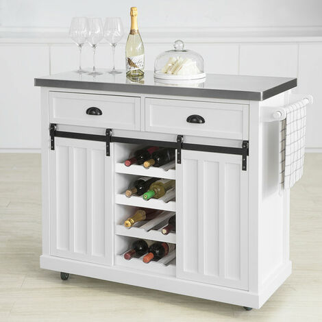 Isola Cucina SoBuy Con 2 Cestelli In Rattan - 120x56x90cm, Bianco | Mobile Con Scomparto Vino, Buffet E Credenza - Foto 5