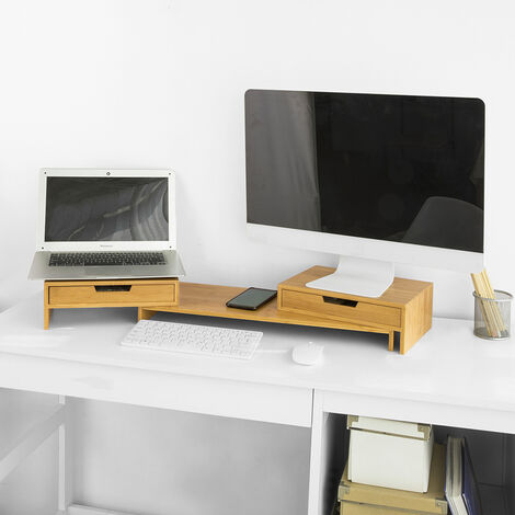 Aothia grande supporto per doppio monitor, mensola da scrivania in legno  massello con gambe in eco sughero per computer portatile/TV/PC/stampanti  per