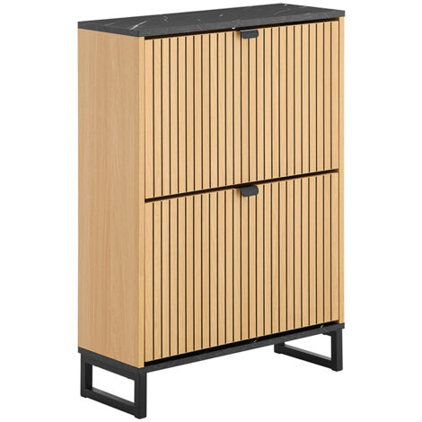 SoBuy FSR202-N Scarpiera Salvaspazio Slim a 2 Ante - Mobile Ingresso Moderno per Scarpe - Mobile Scarpiera da 8-12 Paia, con Struttura Resistente, Effetto Marmo Nero e Legno Chiaro, 60x24x88cm