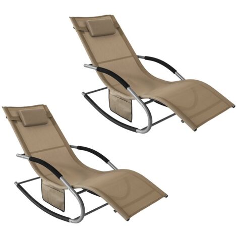 SoBuy Set di 2 sedie a dondolo da esterno Poltrone sedie sdraio da giardino con cuscino e poggiatesta portata fino a 150 kg Marrone 150x63x87 cm OGS28-BRX2