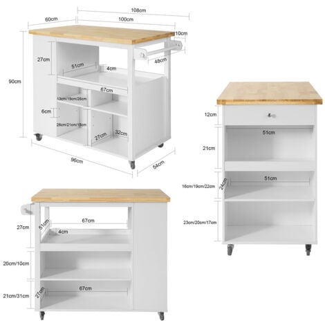 SoBuy Carrello Cucina Credenza da Cucina con 3 Ripiani 108x60x90cm FKW97-WN